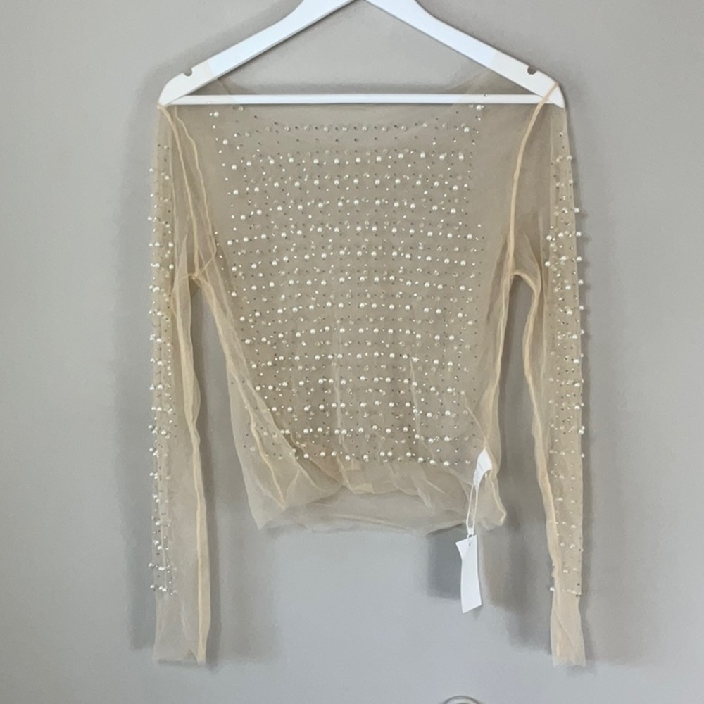 Sheer mesh pearl shiny rhinestone long sleeve blouse - Picture 2 of 16